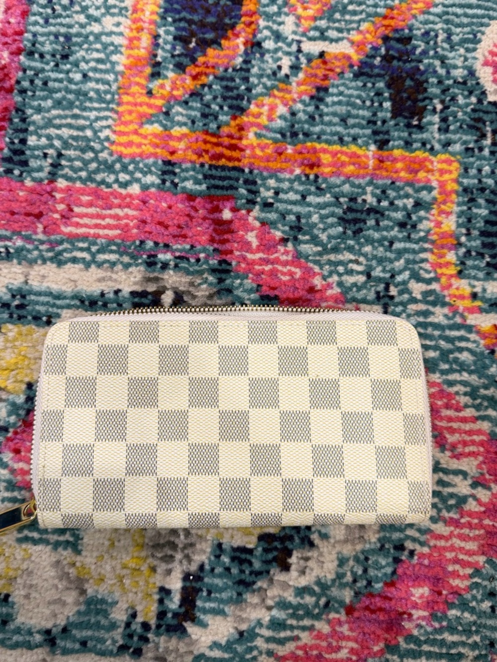Designer-Inspired Checkered Zip Wallet in Cream